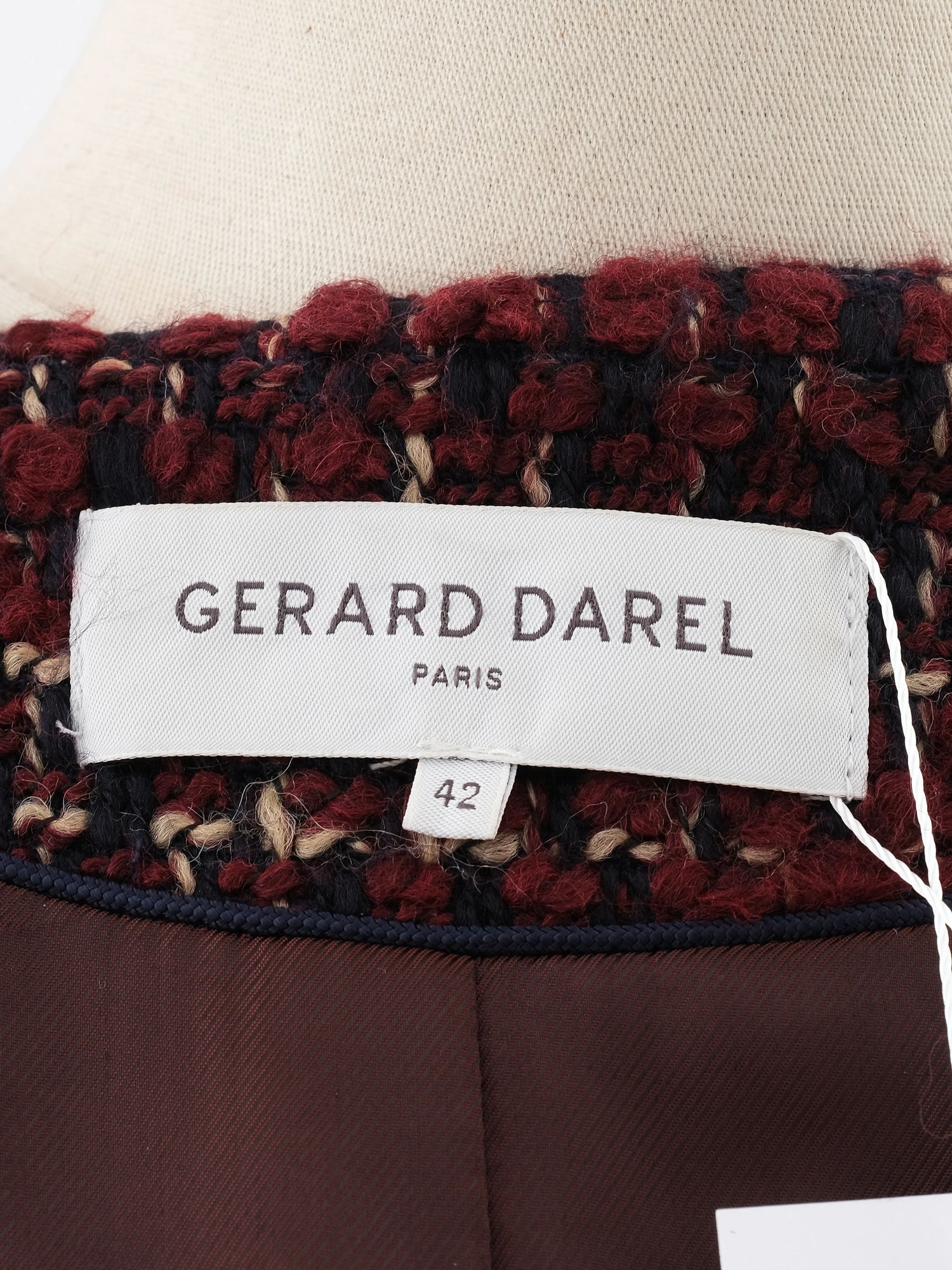 Excellent Gerard Darel Wool Coat XL Burgundy Black White Tweed