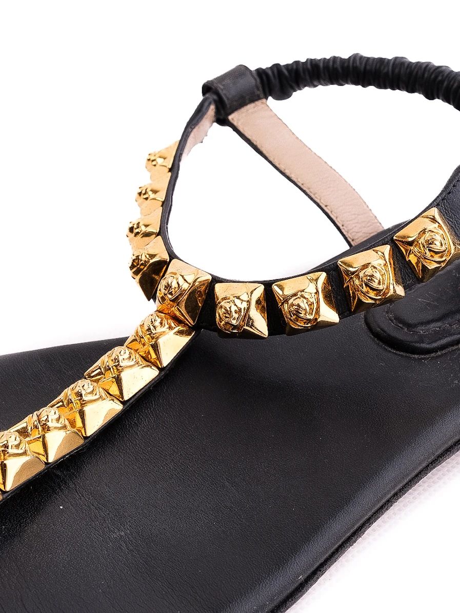Stuart Weitzman Black Leather Sandals with Gold Studs Size 38.5