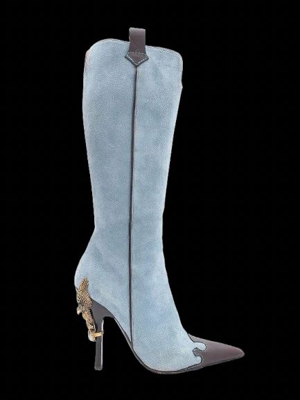 Excellent Vicini Blue Leather High-Heeled Boots with Eagle Design, Size 38