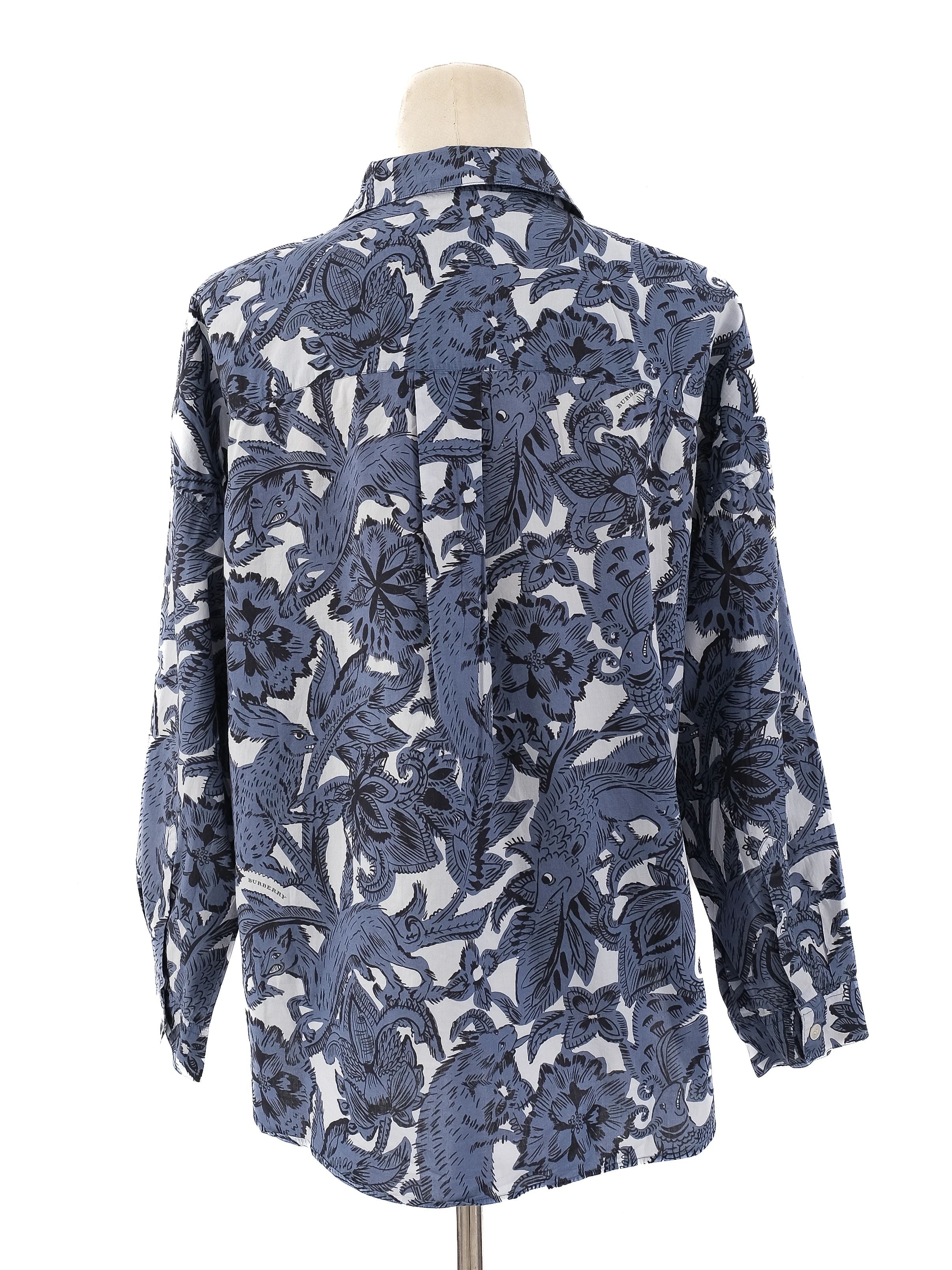 Burberry Blue Floral Animal Print Button-Up Shirt Women Size M