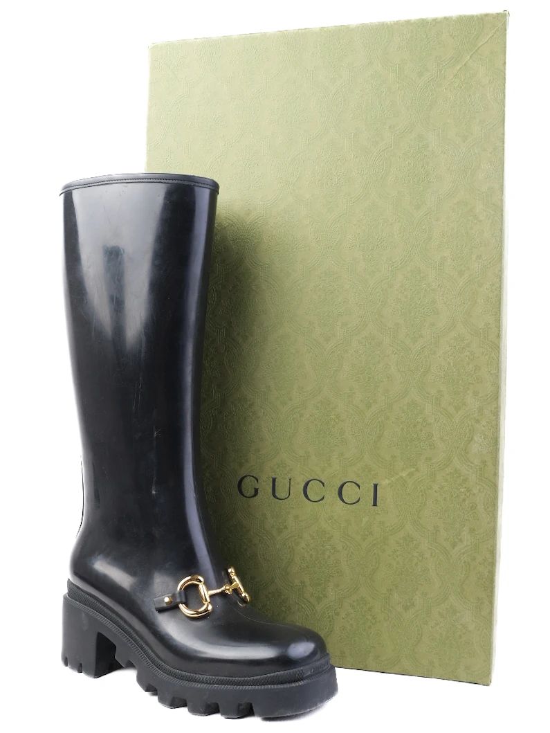 Excellent Gucci Black Knee-High Platform Boots with Gold Buckle Detail