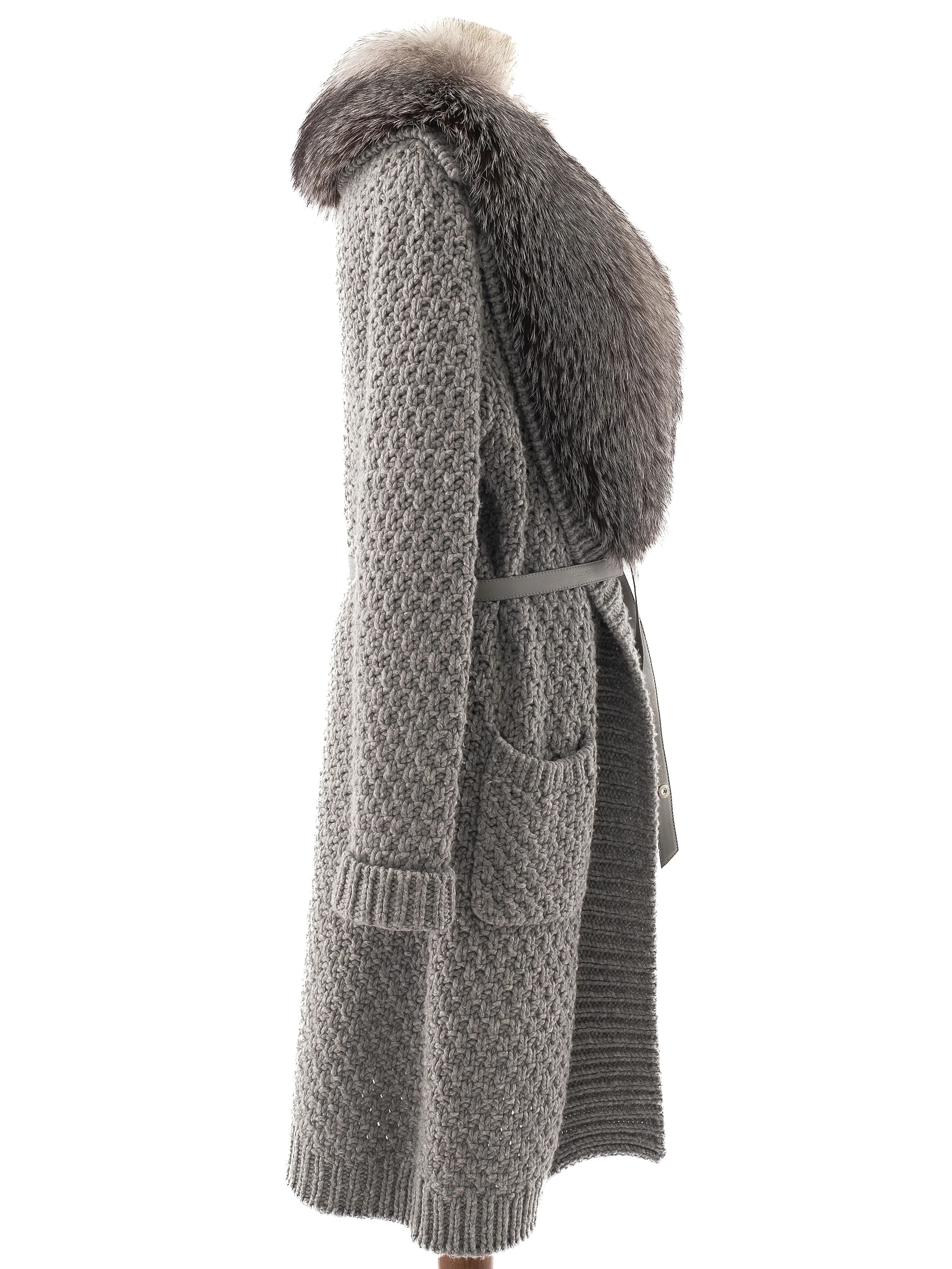 Loro Piana Gray Leather Knit Coat with Faux Fur Collar Size M