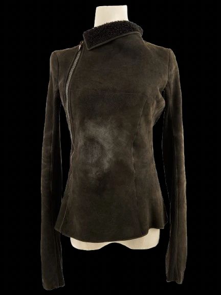 Excellent Rick Owens Gray Leather Jacket Size M with Shearling Collar