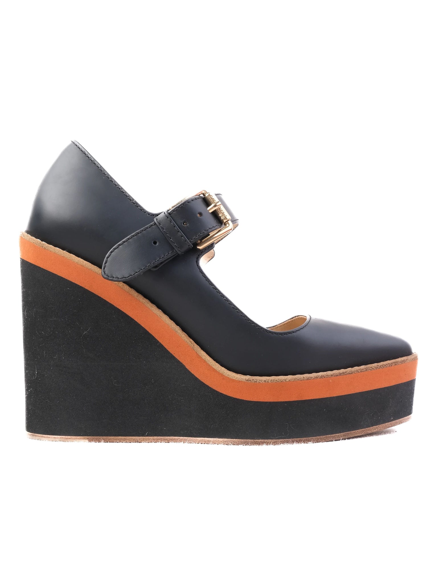 Excellent Max Mara Blue Leather Wedge Shoes Size 35 with Orange Stripe