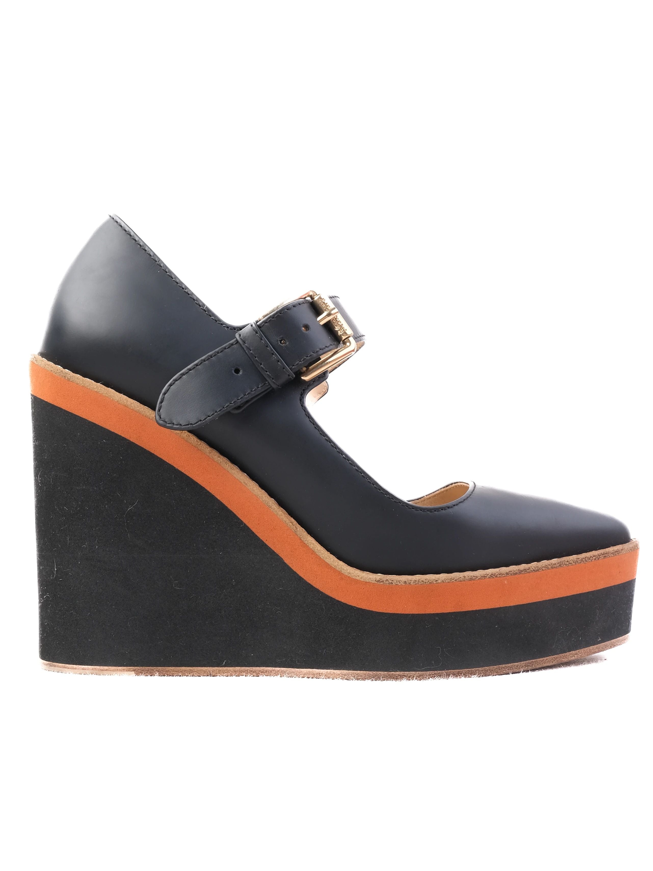 Excellent Max Mara Blue Leather Wedge Shoes Size 35 with Orange Stripe