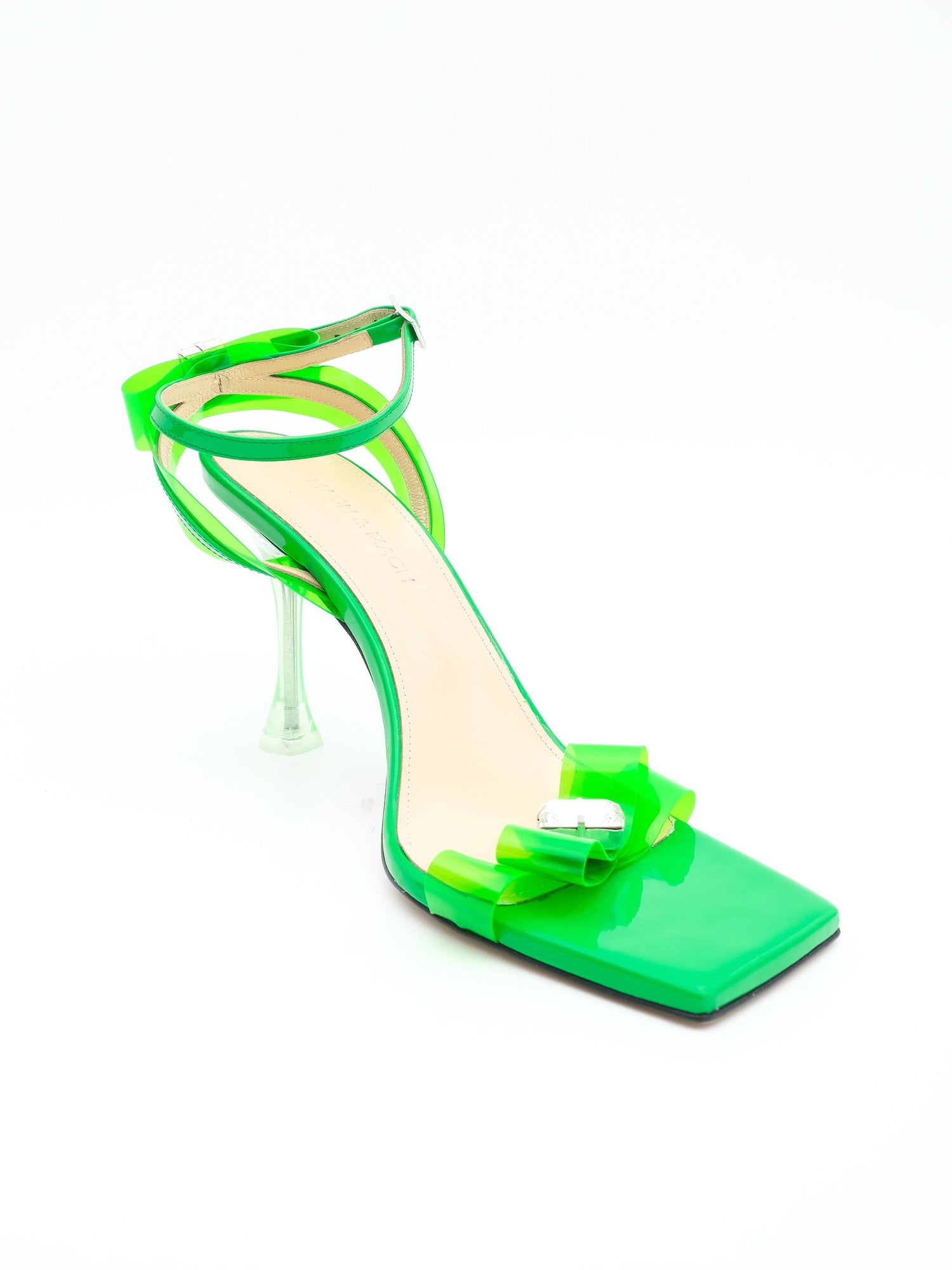 Excellent Green Leather High-Heeled Sandals Size 39 with Bows