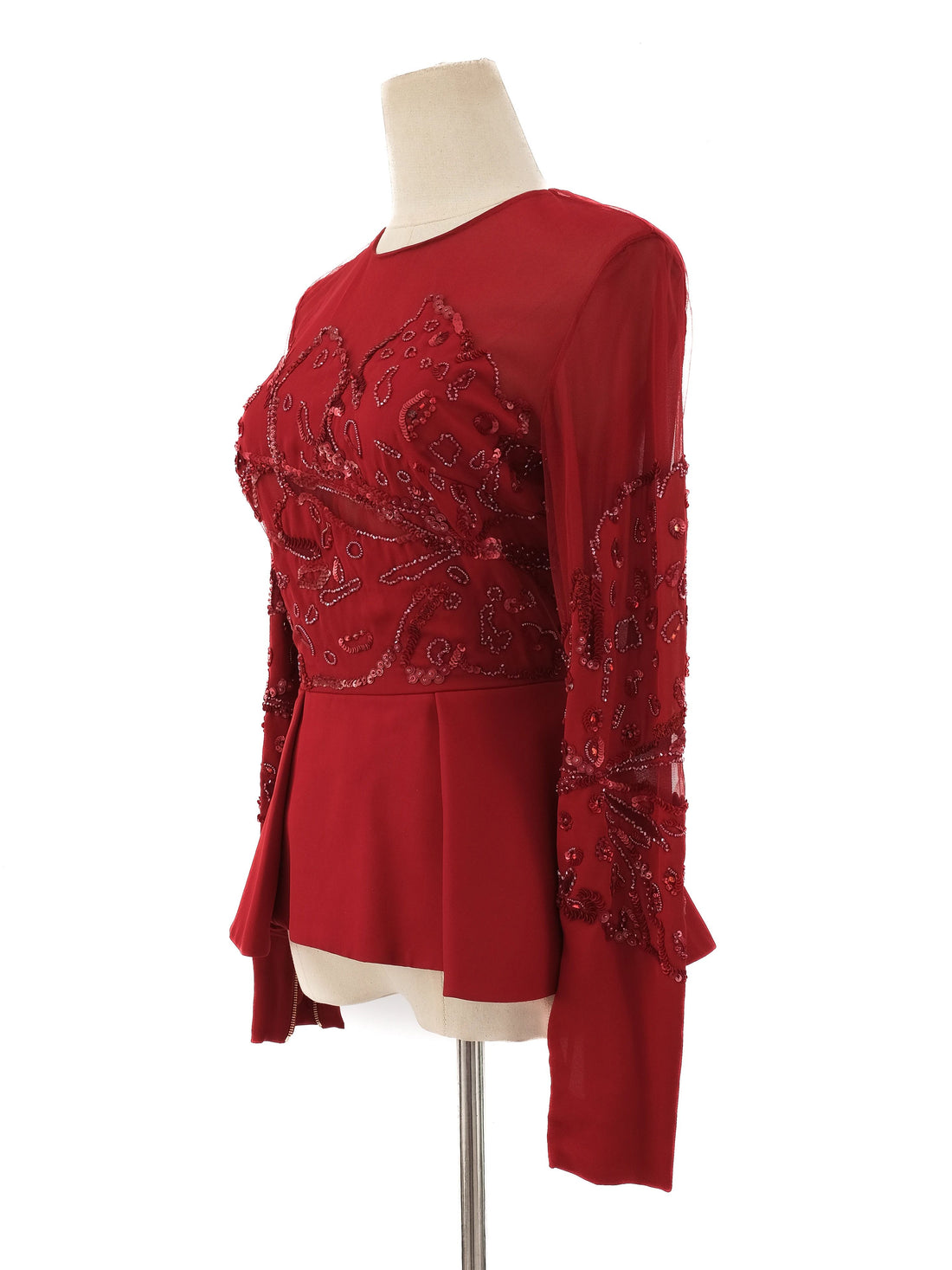 Excellent Elie Saab Red Silk Peplum Blouse Size S with Bead Embellishments