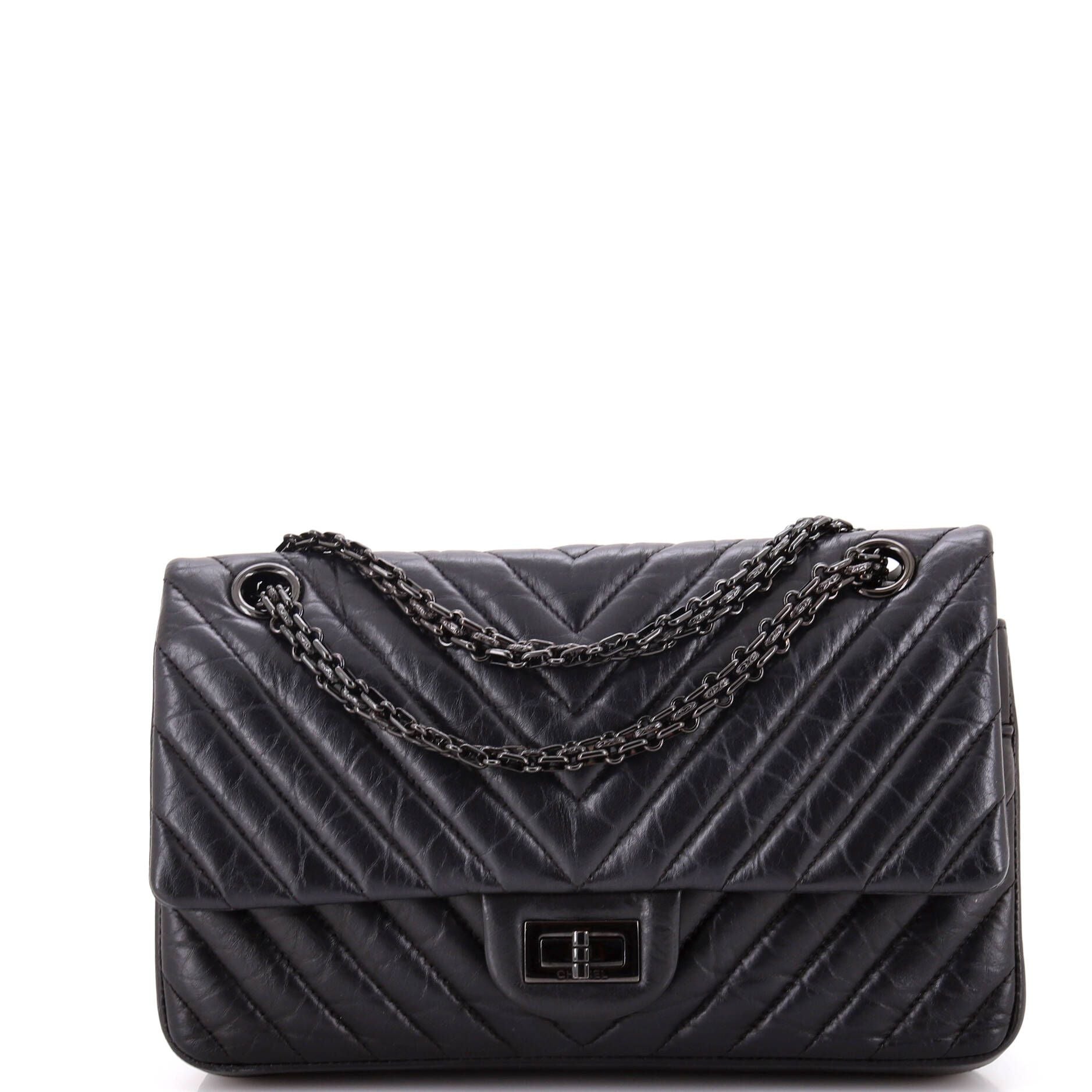 Chanel So Black Reissue 2.55 Flap Bag Chevron Aged Calfskin 225