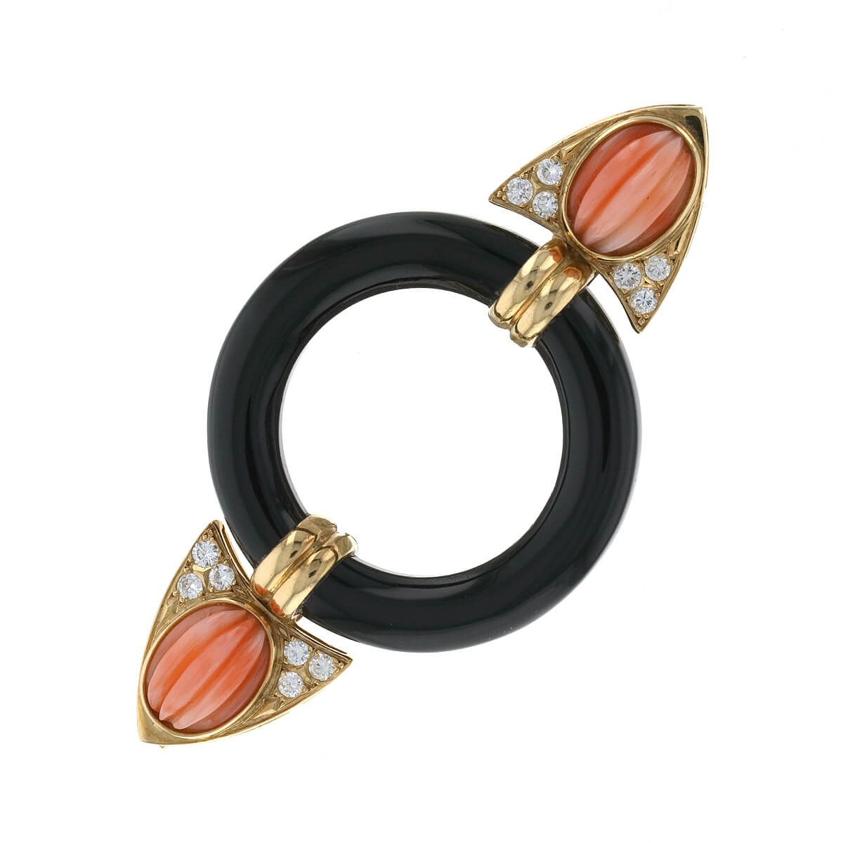 Diamond, coral, onyx and gold brooch
