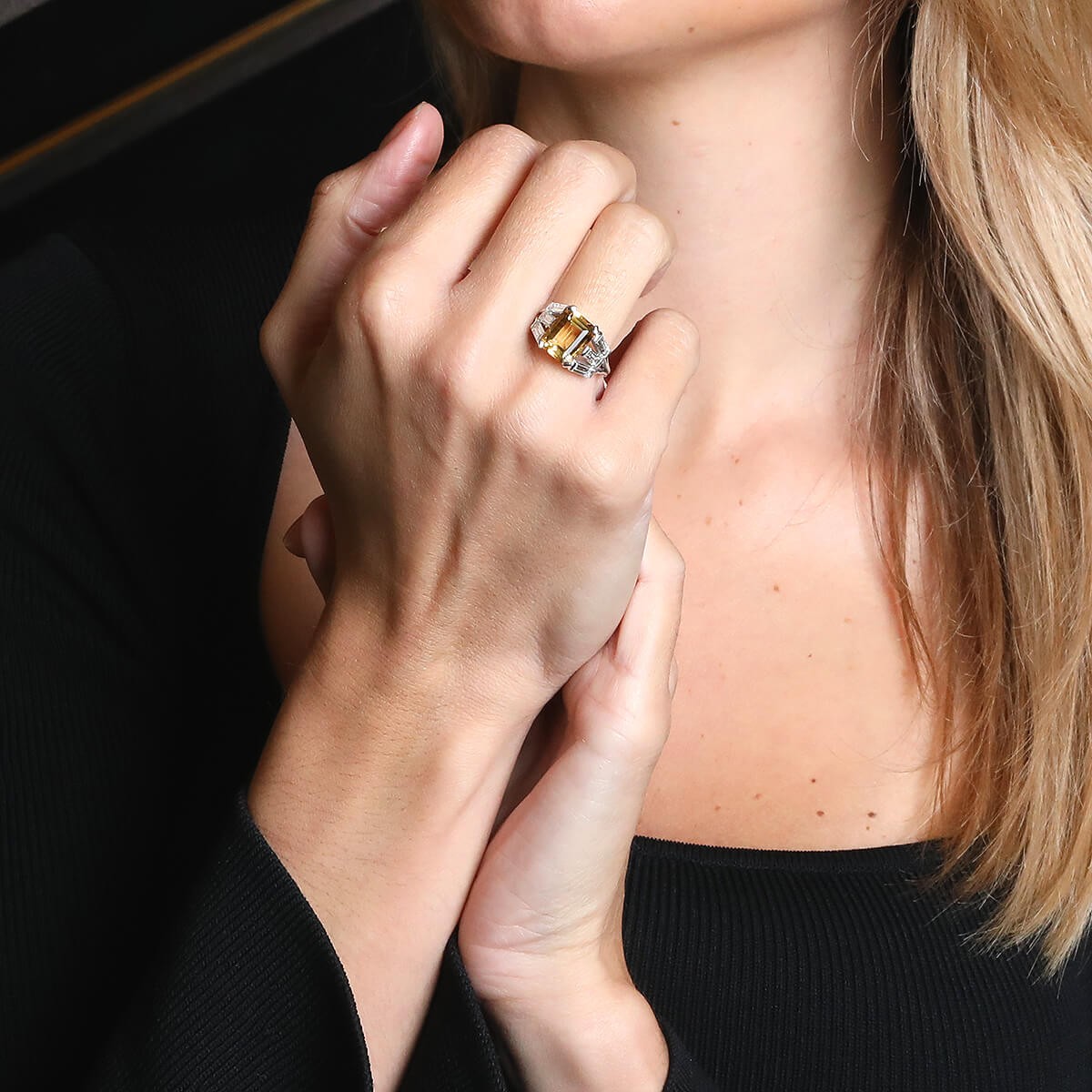 Diamonds, citrine, gold and platinum ring