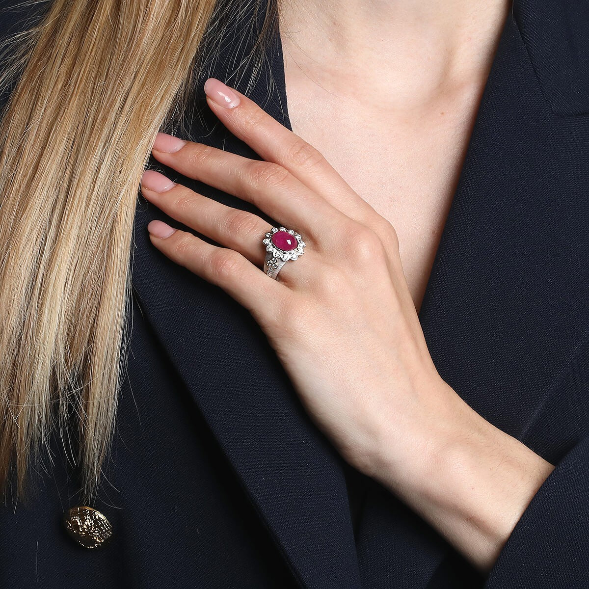 Diamonds, ruby, gold and platinum ring
