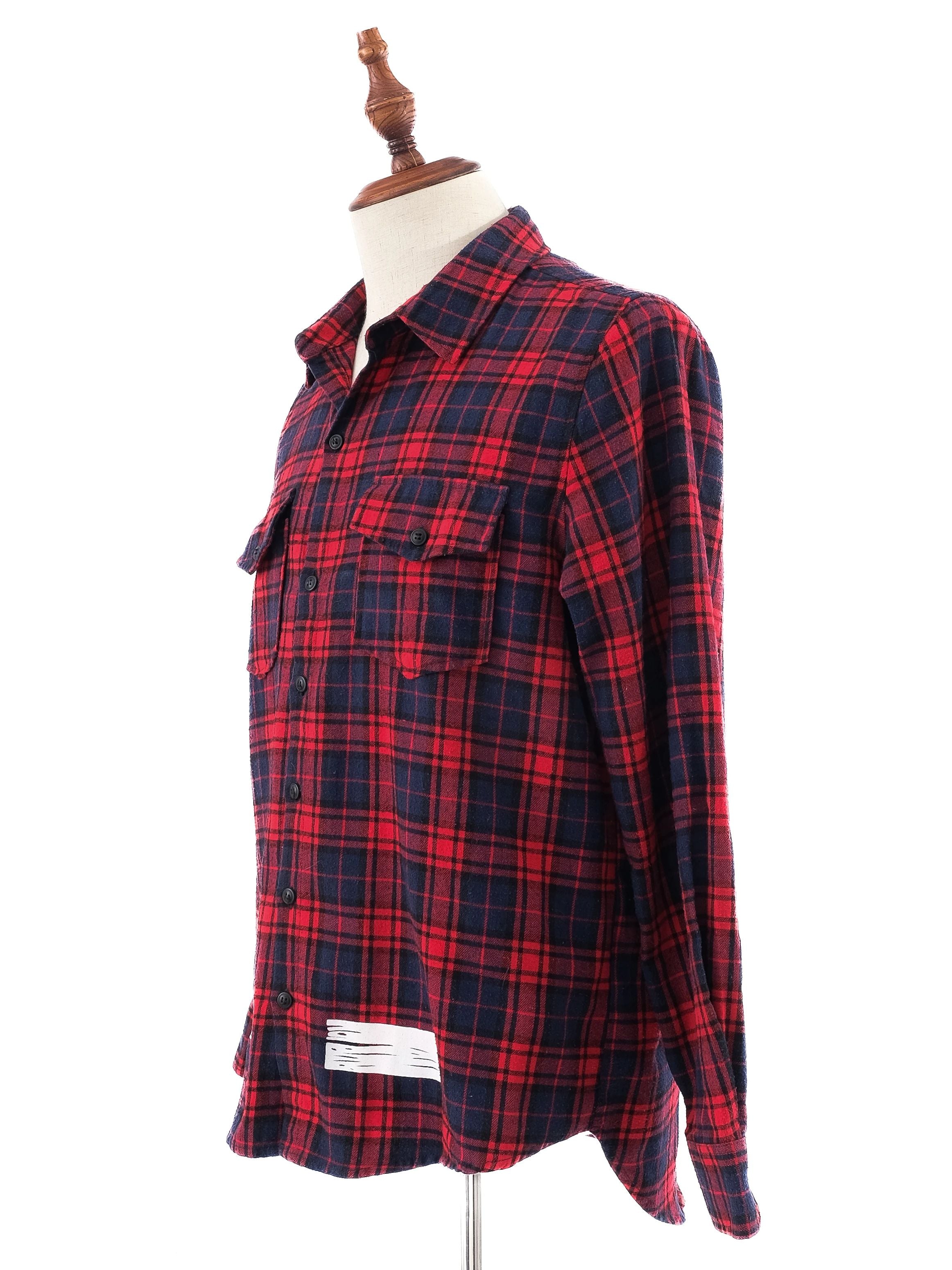 Excellent Off White Red Plaid Flannel Shirt Men Size M Unique Design