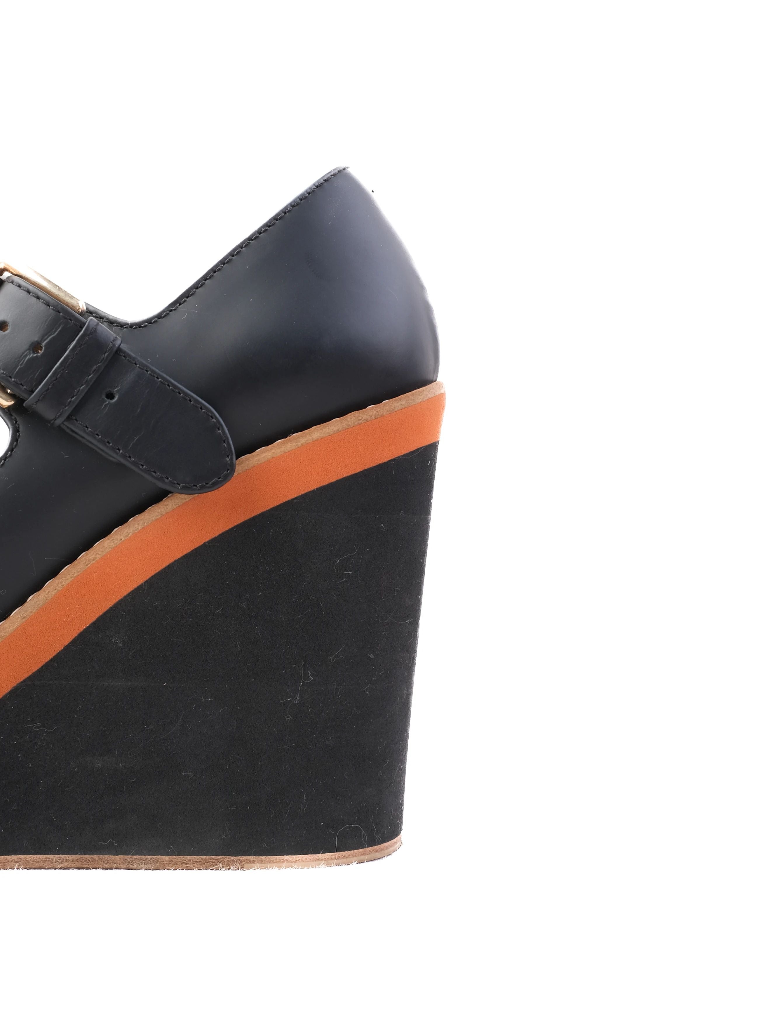 Excellent Max Mara Blue Leather Wedge Shoes Size 35 with Orange Stripe