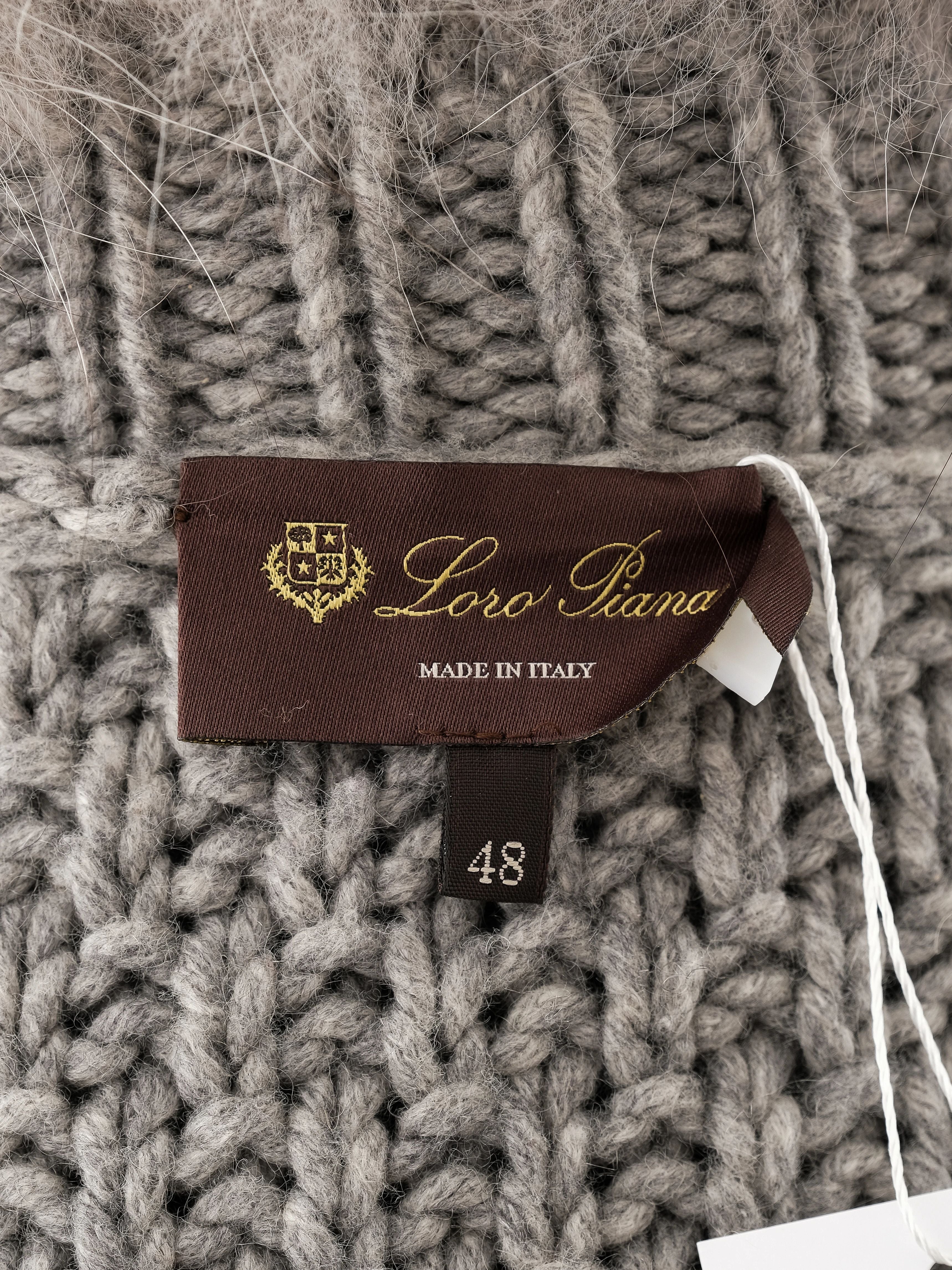 Loro Piana Gray Leather Knit Coat with Faux Fur Collar Size M