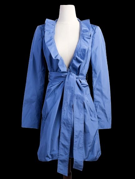 Excellent Pinko Blue Trench Coat Size M with Ruffled Collar