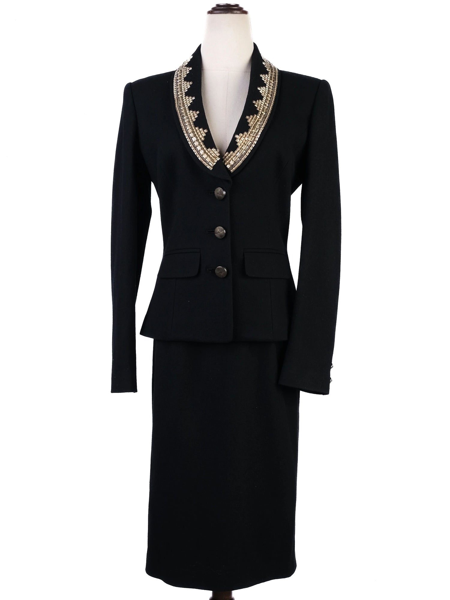 Excellent Class Roberto Cavalli Black Wool Skirt Suit with Beaded Collar