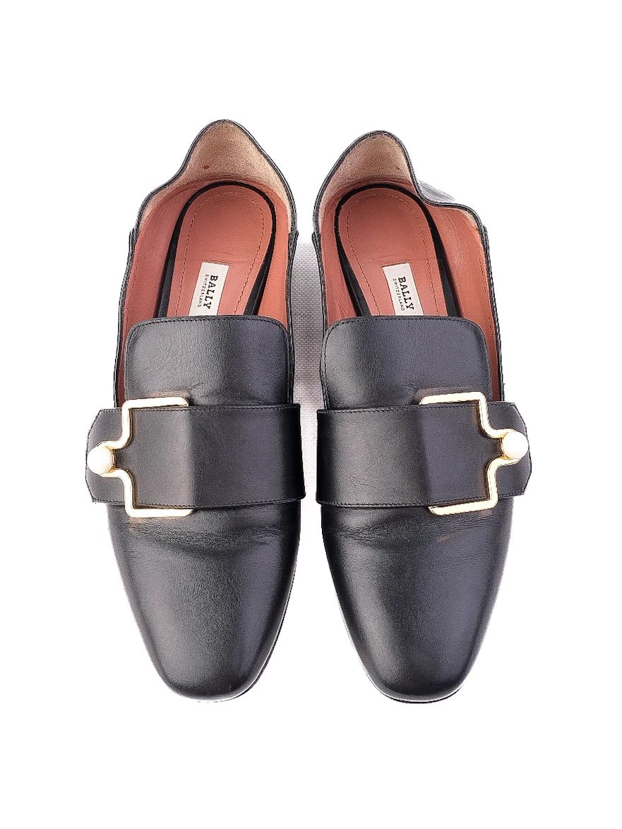 Good Bally Black Leather Loafers with Gold Buckle Size 38.5