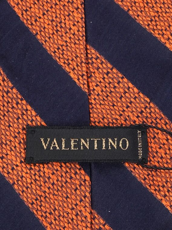 Excellent Valentino Striped Tie 100% Silk Orange Navy Made in Italy