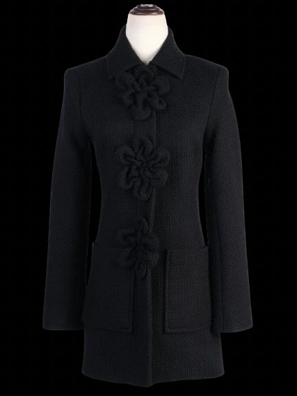 Excellent Anne Fontaine Black Wool Coat with Floral Embellishments