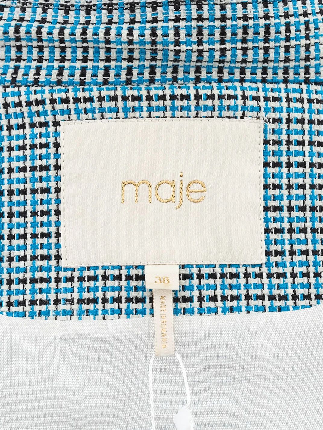 Excellent Maje Blue Cotton Plaid Jacket Size M with Gold Buttons