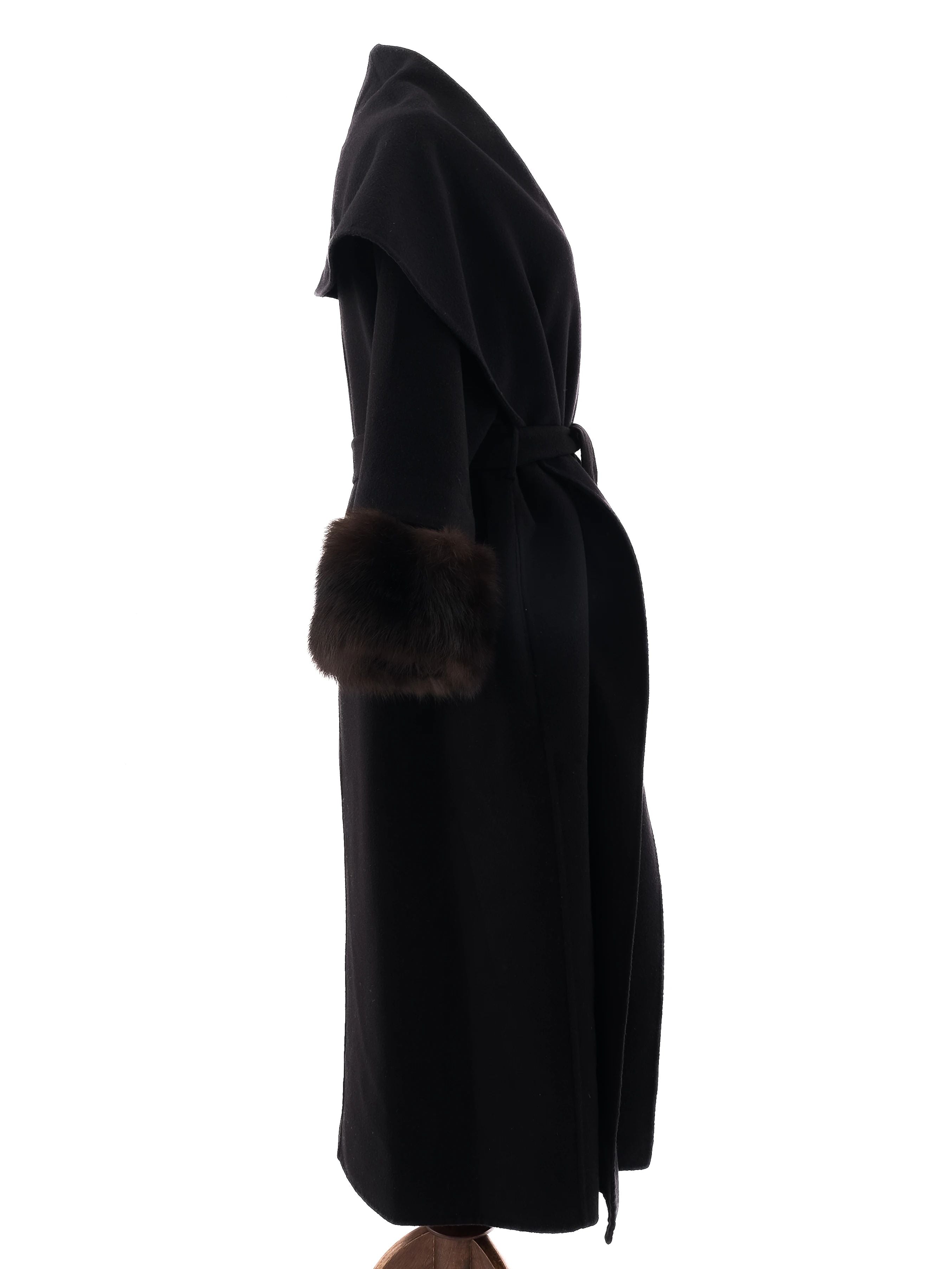 Perfect Black Cashmere Wool Coat with Fur Trim Size M