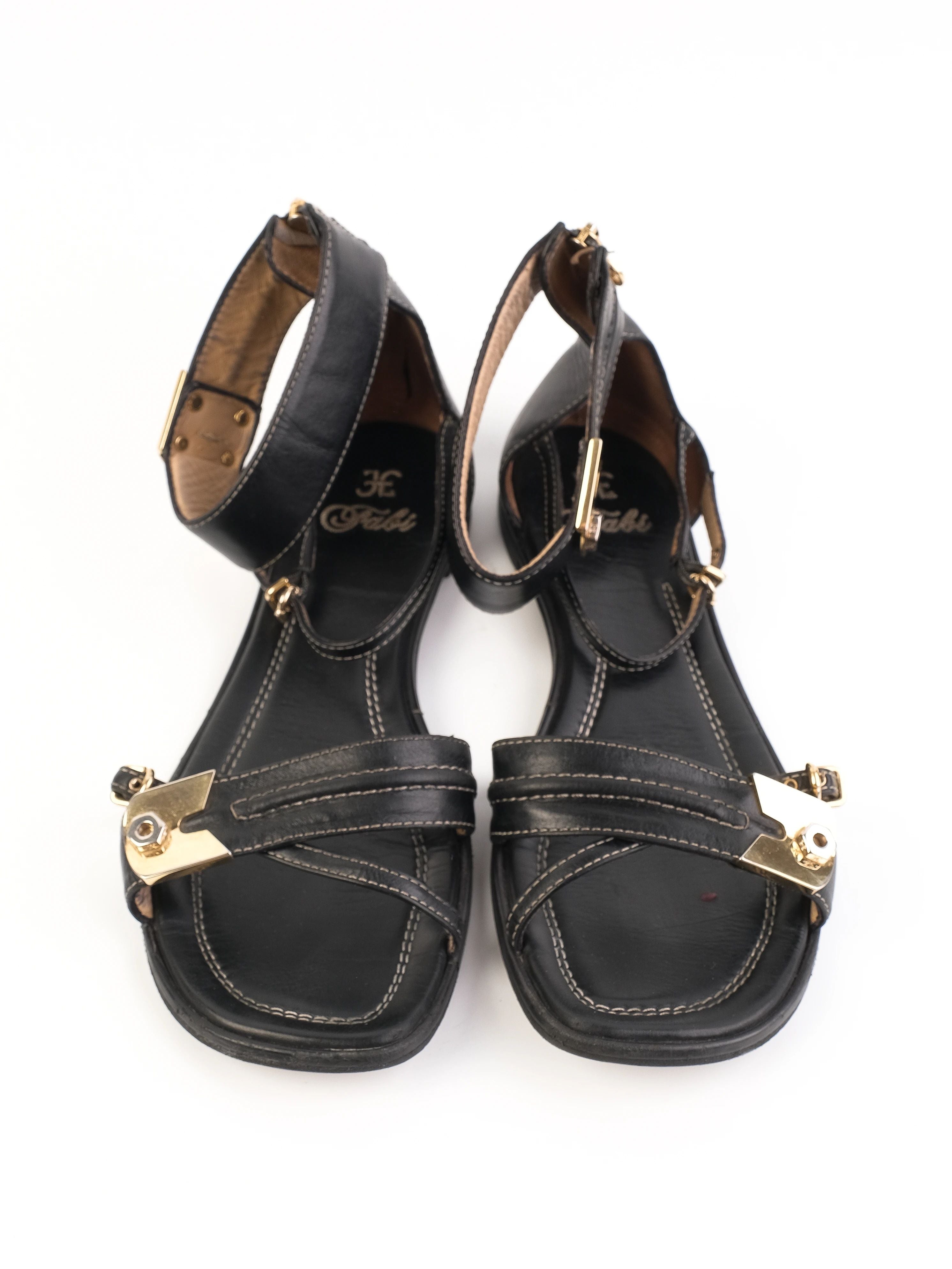 Excellent Fabi Black Leather Sandals Size 38 with Gold Accents
