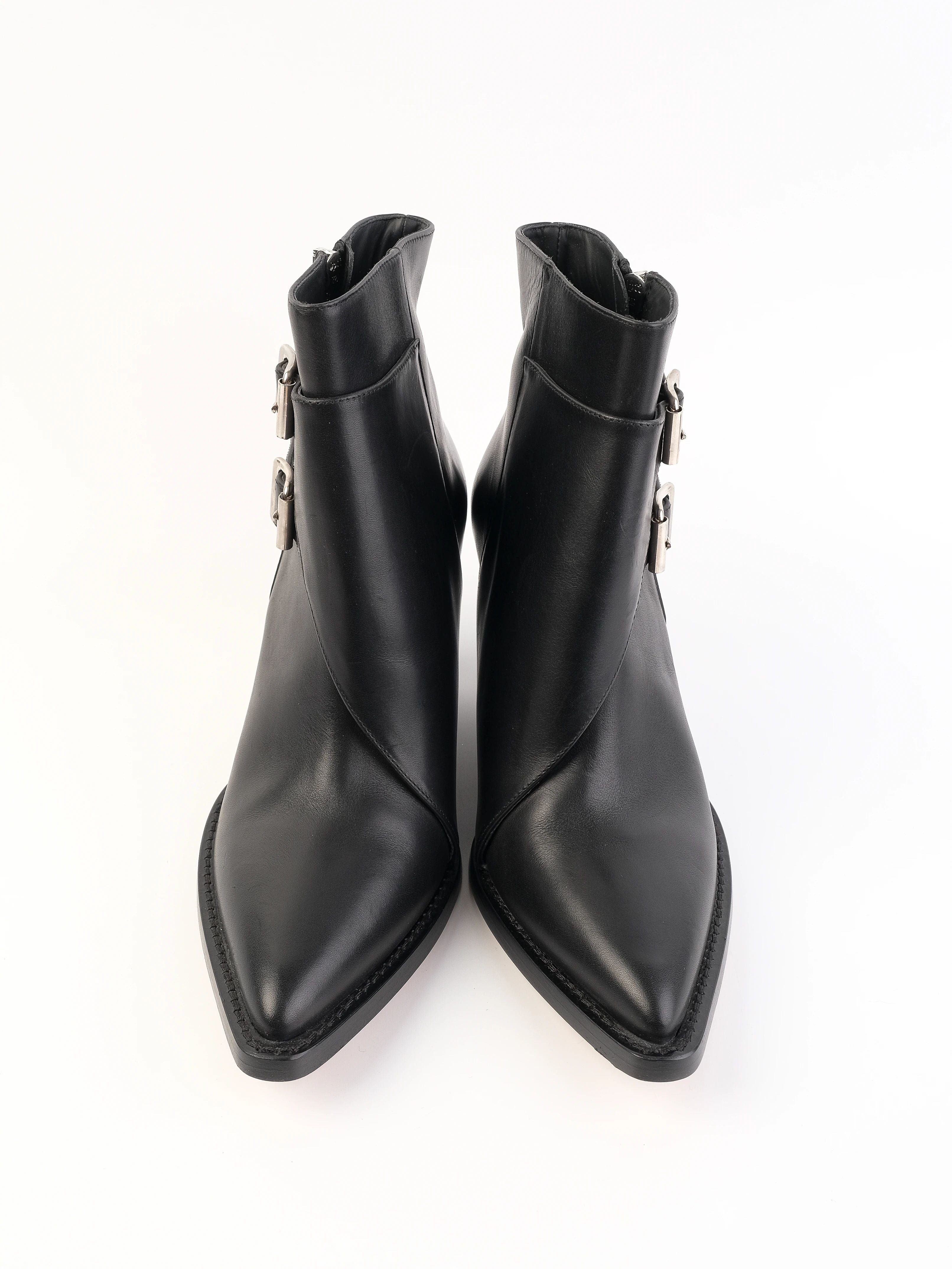 Excellent Iro Black Leather Ankle Boots with Side Zipper, Size 39