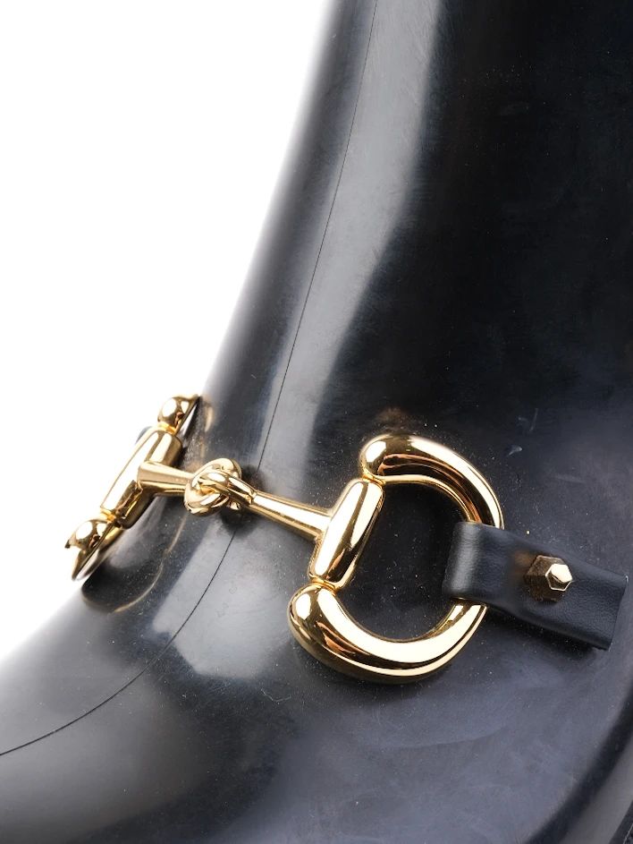 Excellent Gucci Black Knee-High Platform Boots with Gold Buckle Detail