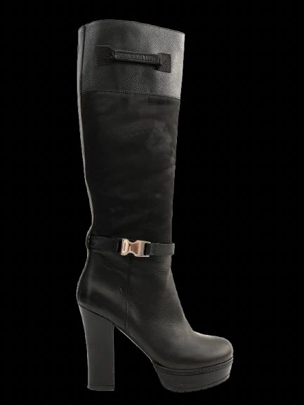 Excellent Prada Black Leather Heeled Knee-High Boots Size 35.5