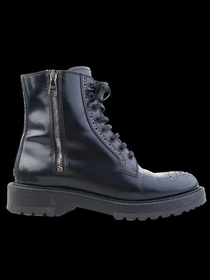 Prada Black Leather Ankle Boots with Laces & Side Zipper, Size 38