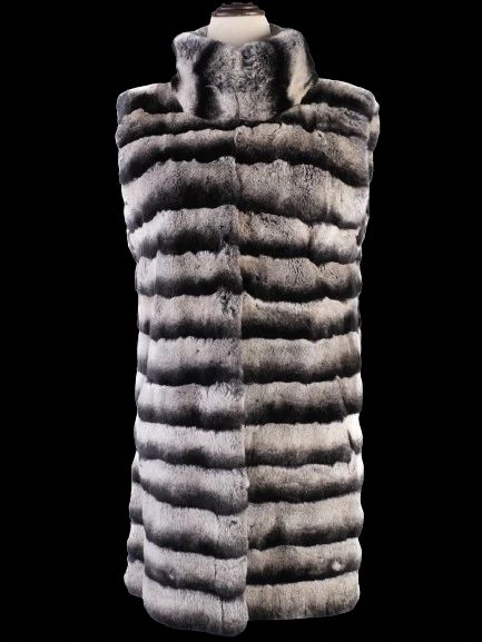 Excellent Shaky Fur Vest Black Gray Striped Pattern Size XS