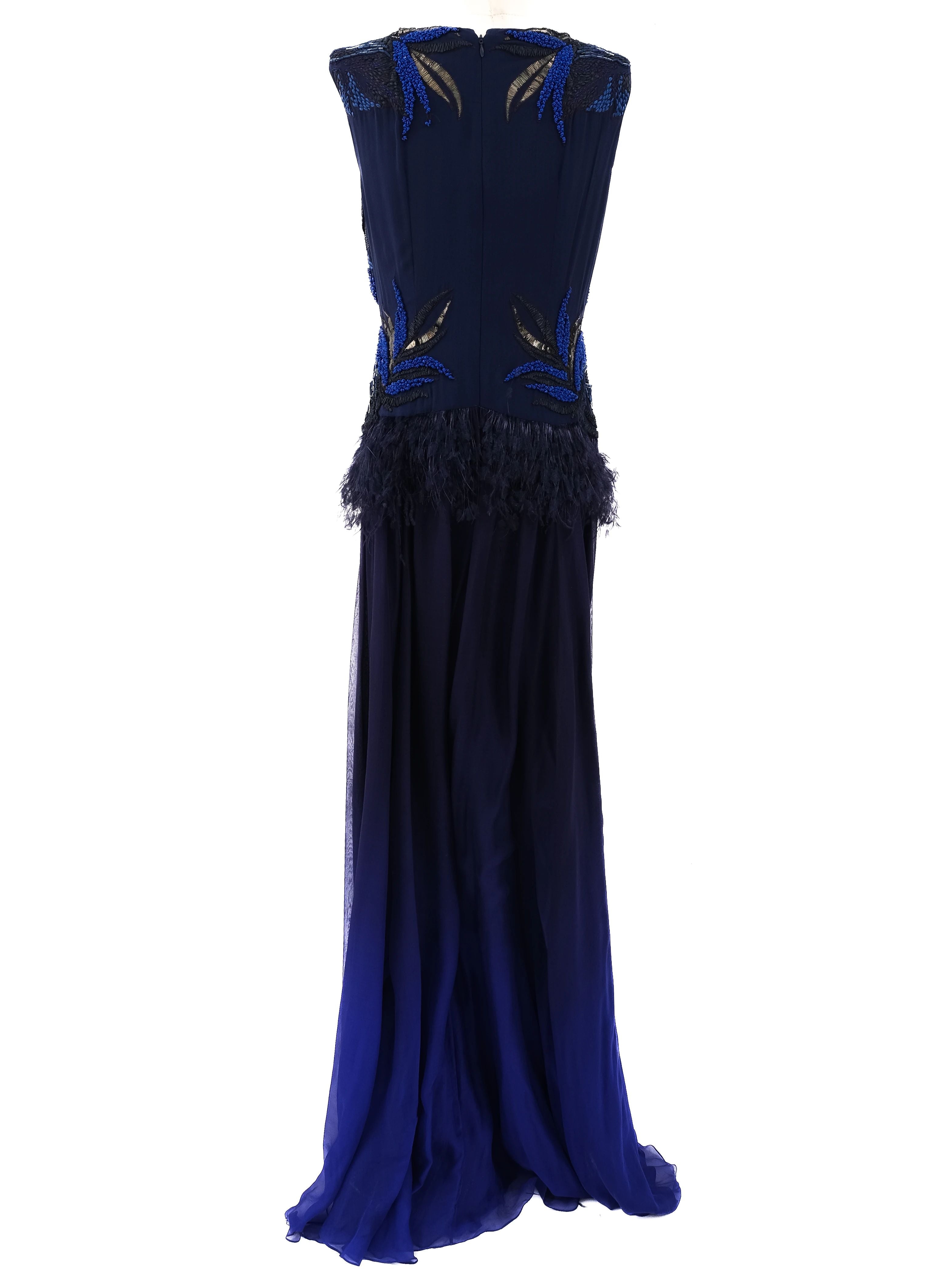 Excellent Dark Blue Silk Gown with Floral Embellishments