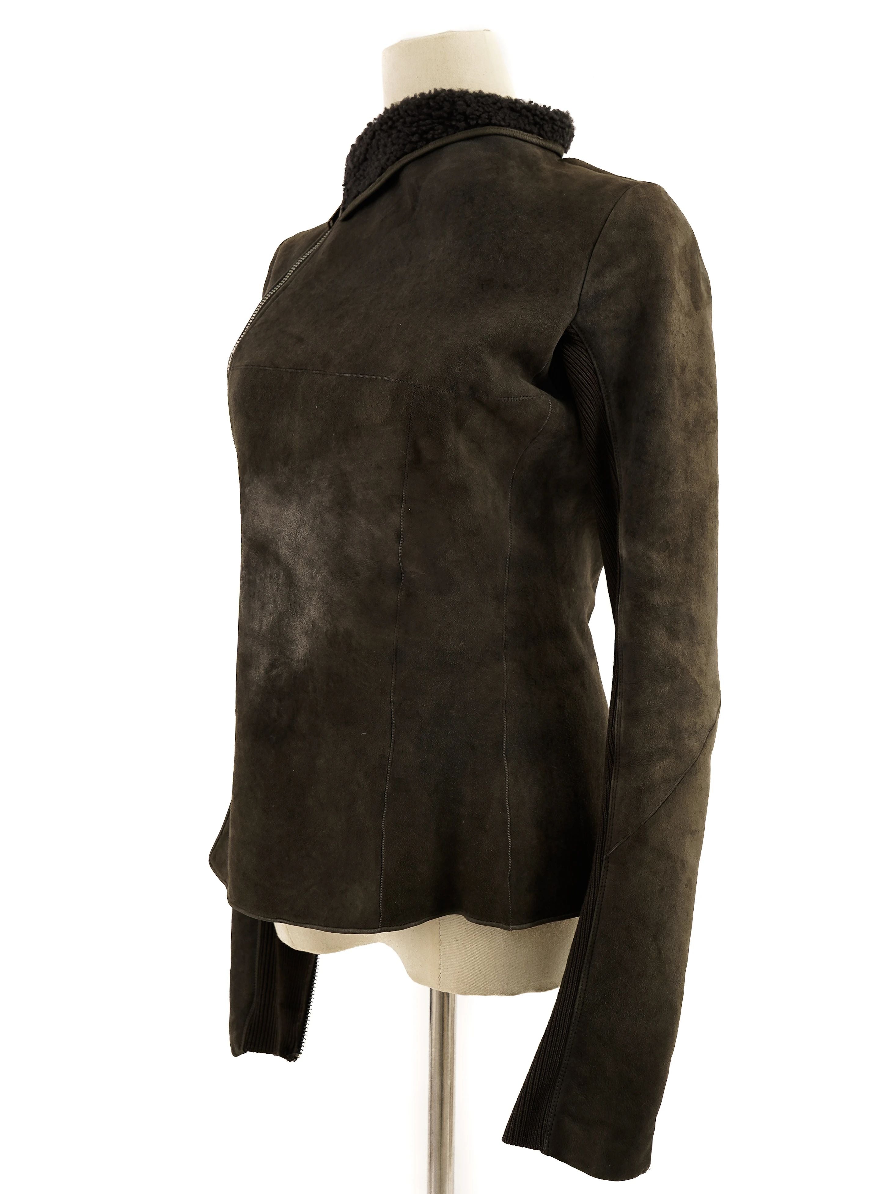 Excellent Rick Owens Gray Leather Jacket Size M with Shearling Collar
