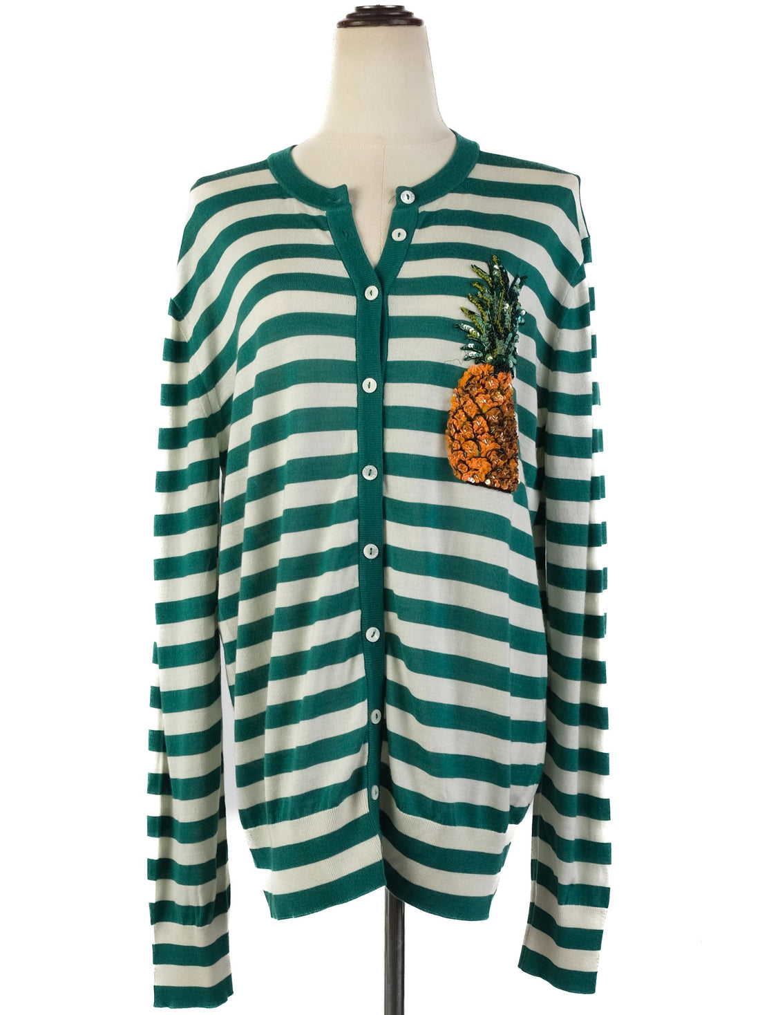 Excellent Dolce Gabbana Green Silk Cardigan Size M with Pineapple Detail