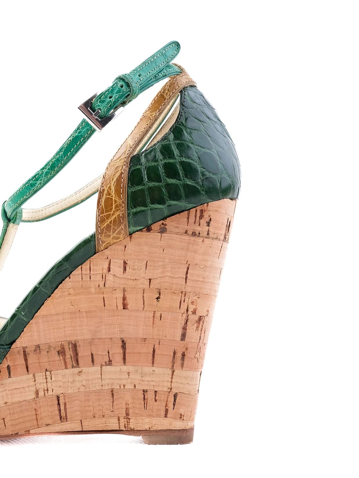 Excellent Prada Green Leather Wedge-heeled Sandals Size 38