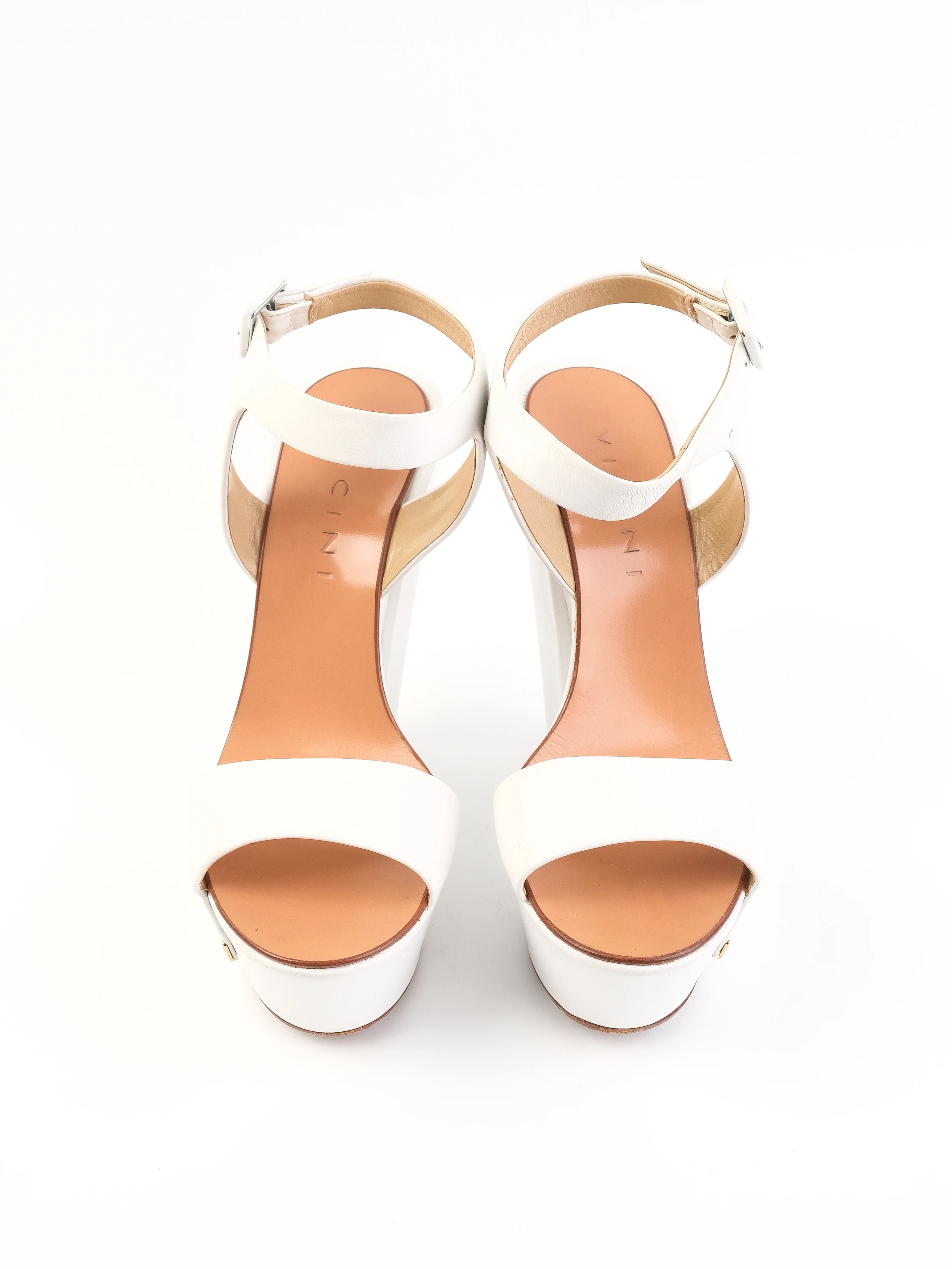 Excellent Vicini White Leather Platform Wedge Sandals Size 38