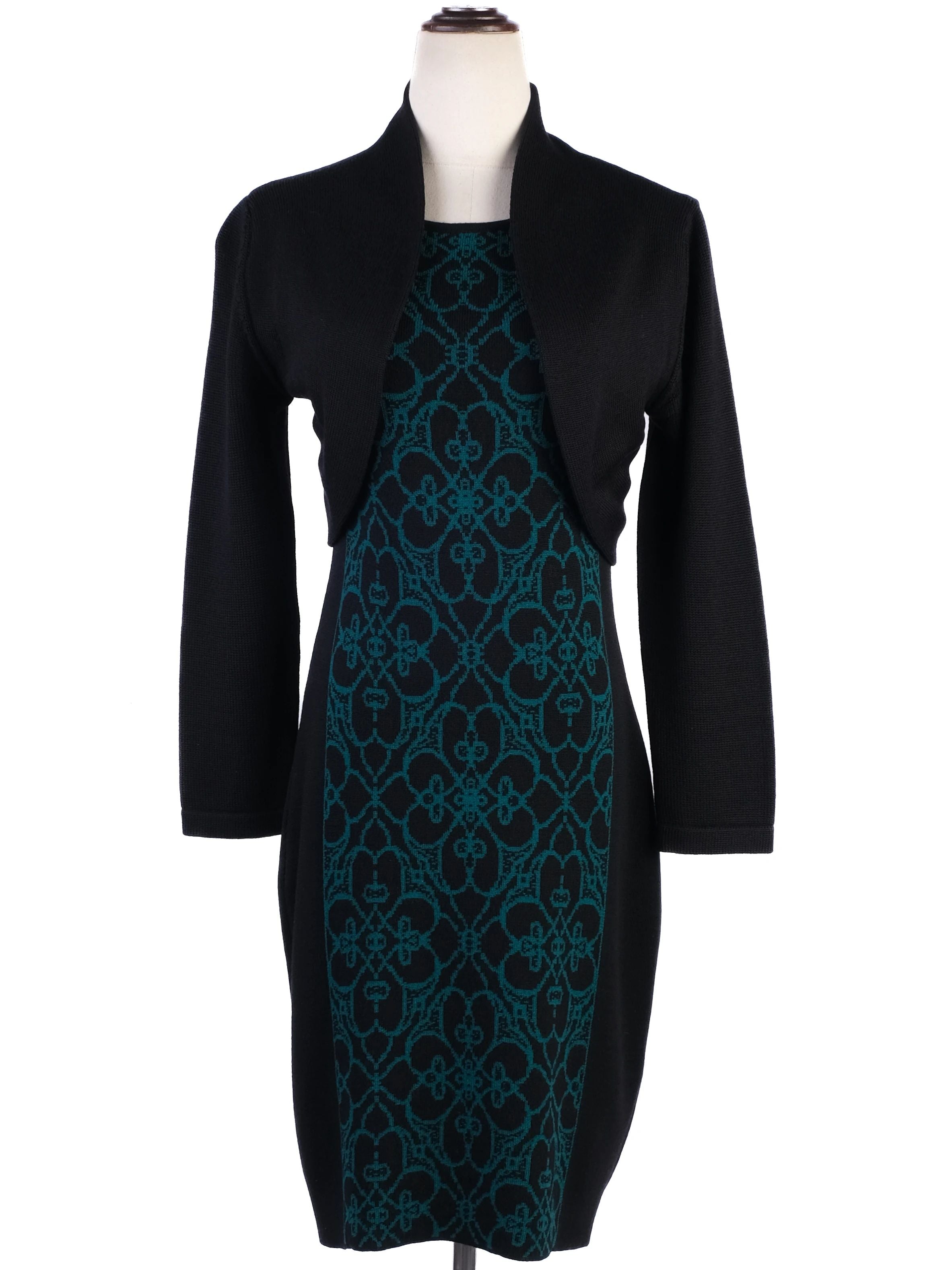 Excellent Luisa Spagnoli Wool Dress Black Green Size S Floral Pattern