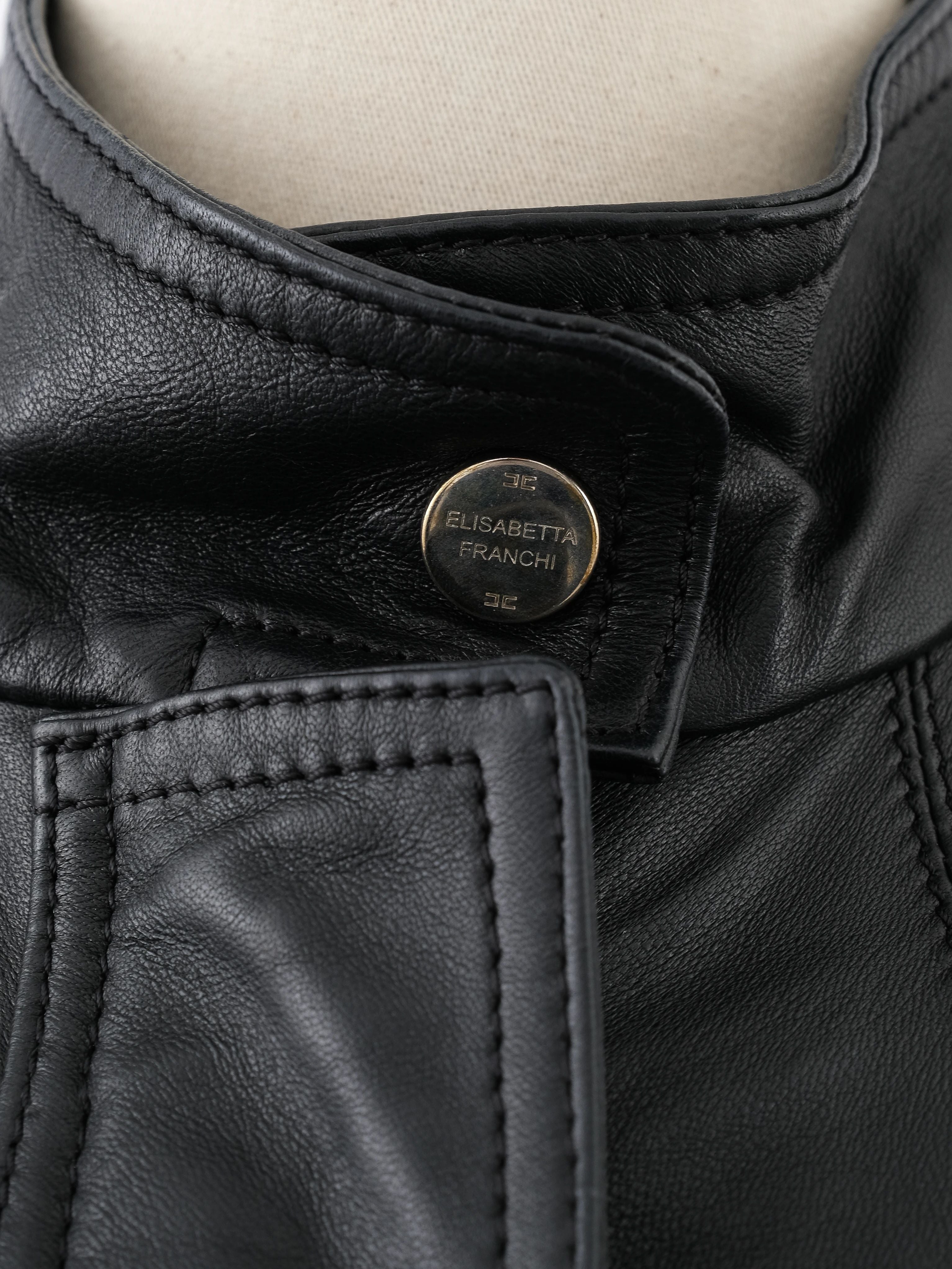 Excellent Elisabetta Franchi Black Leather Coat Size M