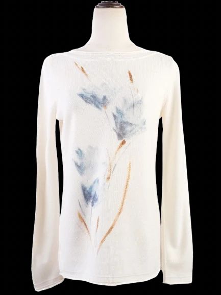 Excellent Loro Piana White Cashmere Sweater Size S Floral Design