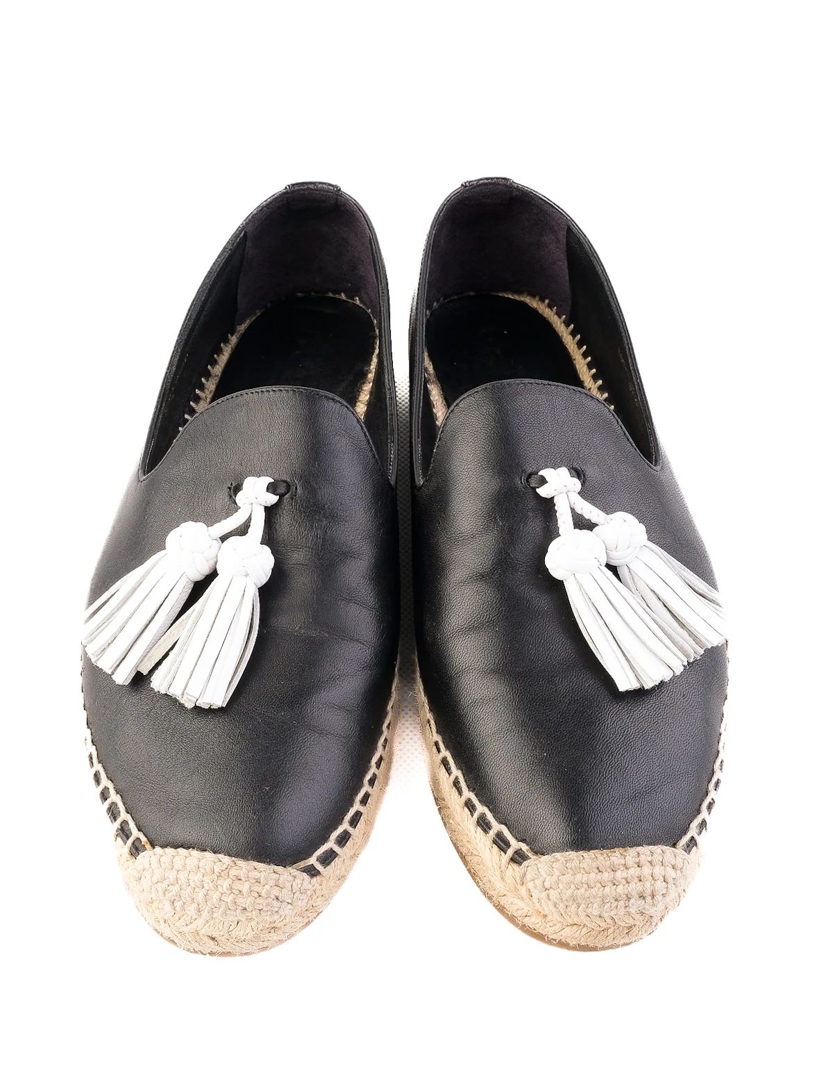 Burberry Black Leather Espadrille Shoes with White Tassel