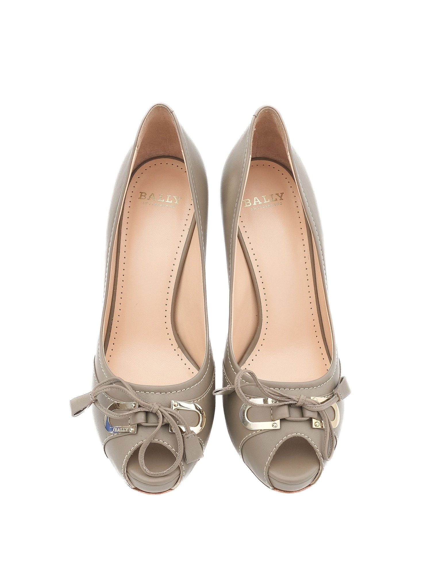 Excellent Bally Gray Leather Peep-Toe Pumps Size 37.5 with Bow Accents