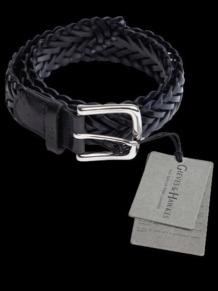 NEW Gieves and Hawkes Black Braided Leather Belt with Silver Buckle