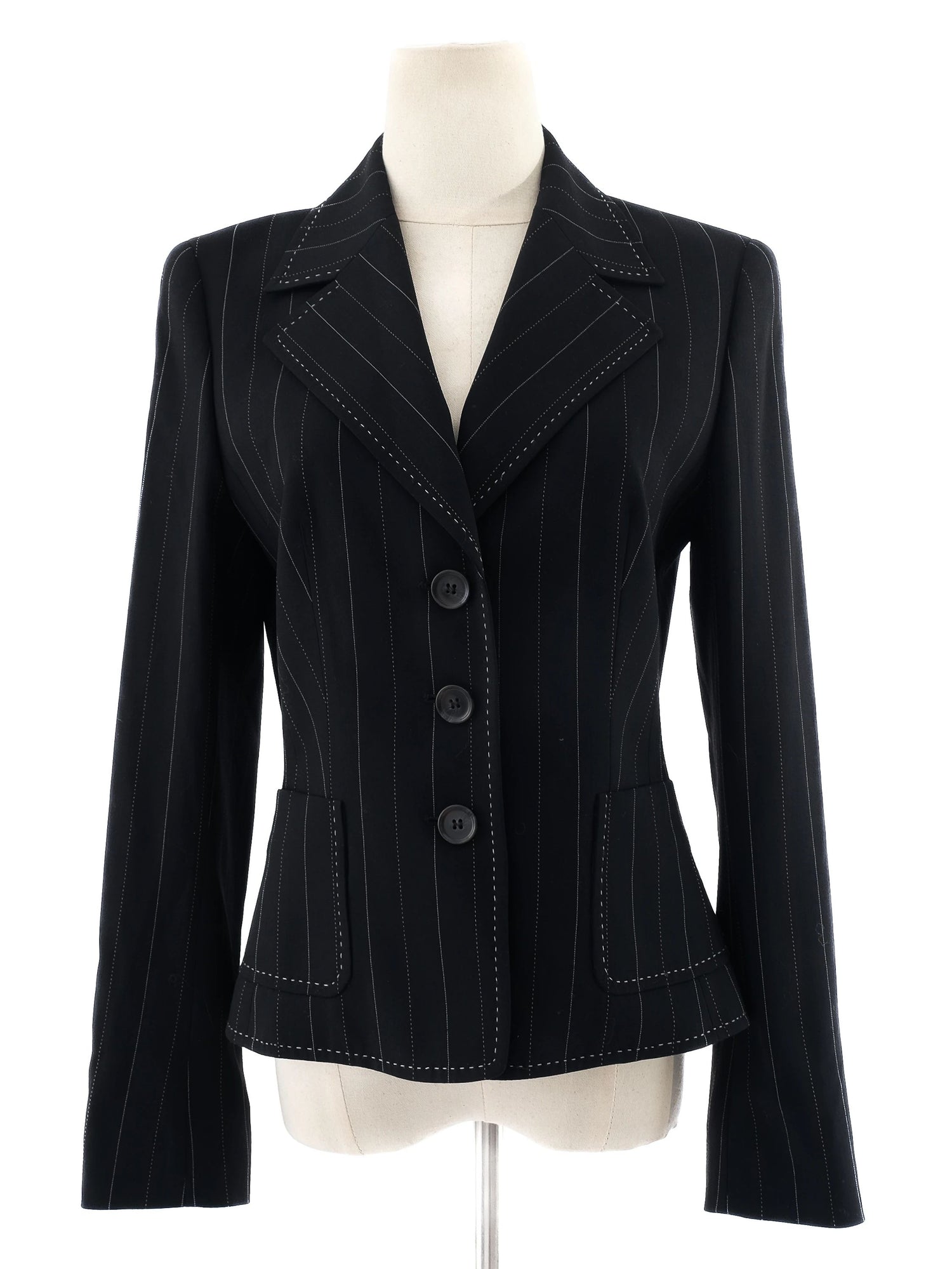 Excellent Escada Black Wool Pinstripe Blazer Size S