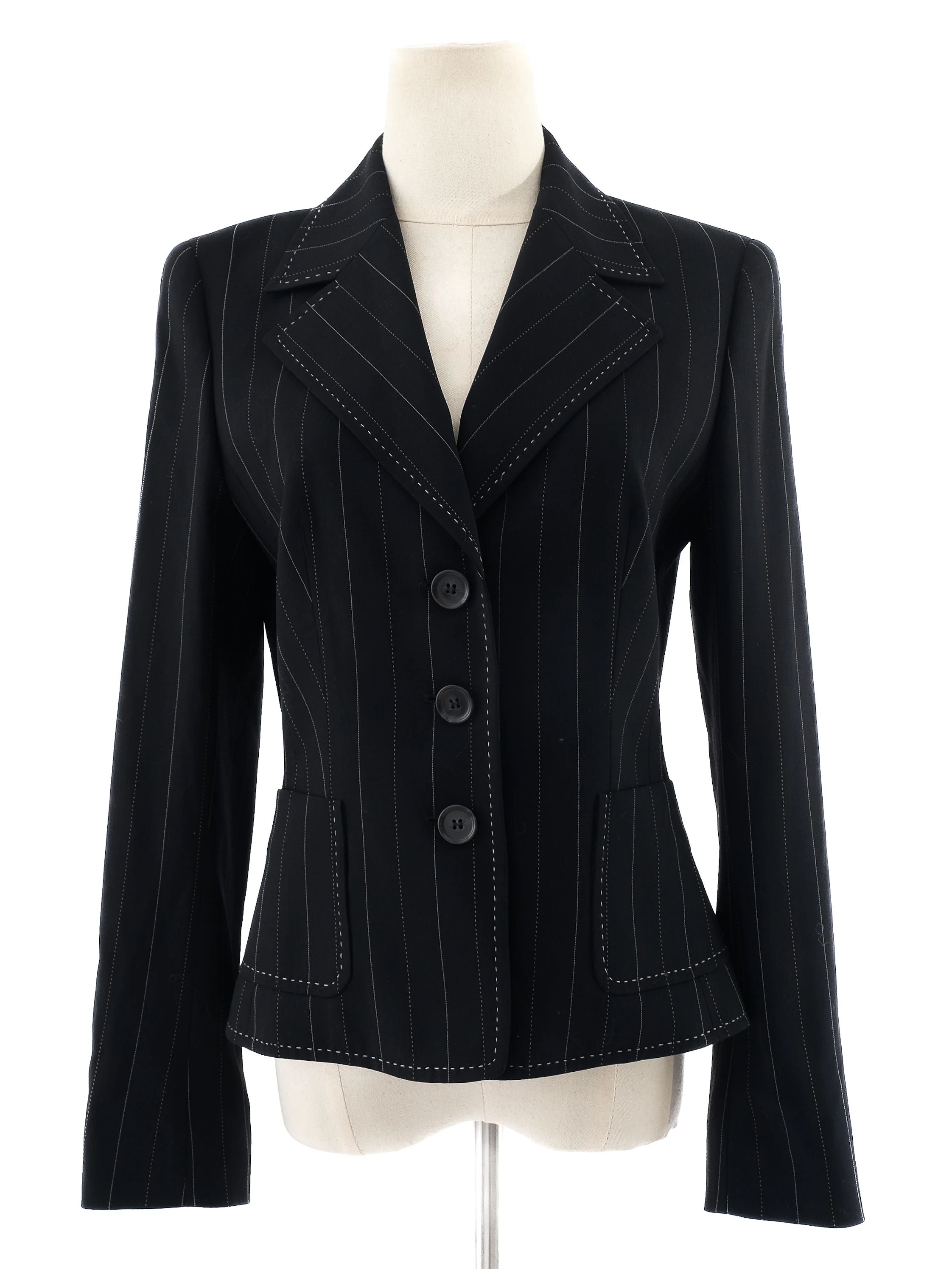 Excellent Escada Black Wool Pinstripe Blazer Size S