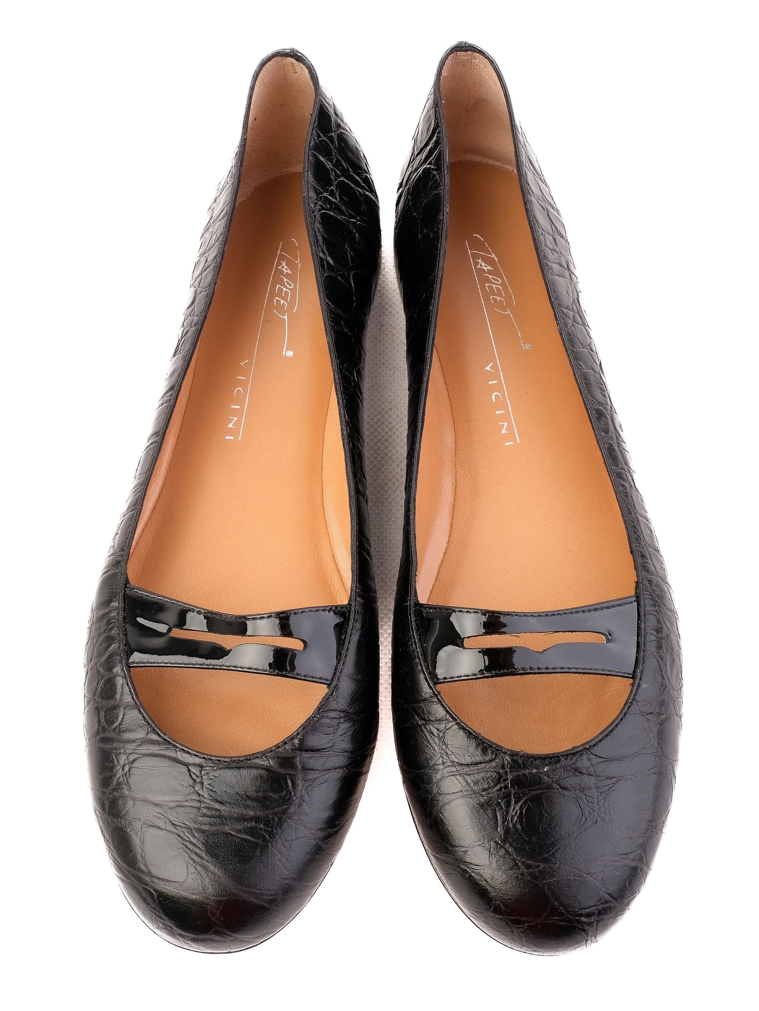 Perfect Vicini Black Leather Ballet Flats with Crocodile Texture