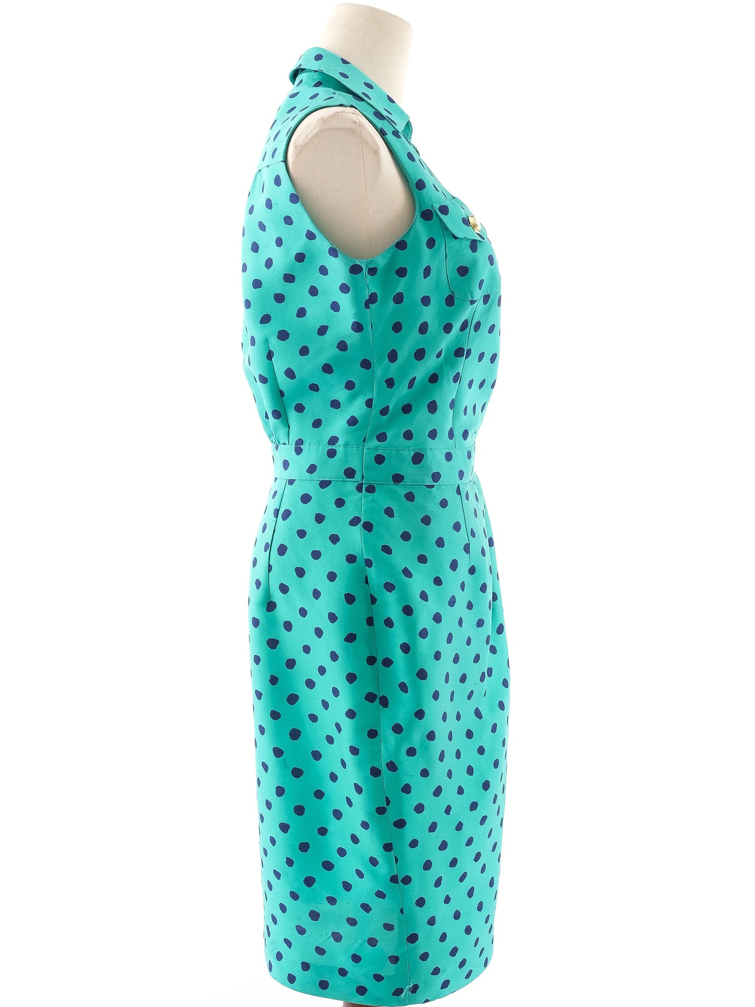 Excellent Luisa Spagnoli Blue Silk Dress Size L with Polka Dots