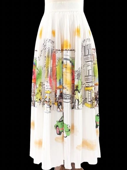 Excellent Vakko Pleated Skirt M Colorful Cityscape Design Polyester
