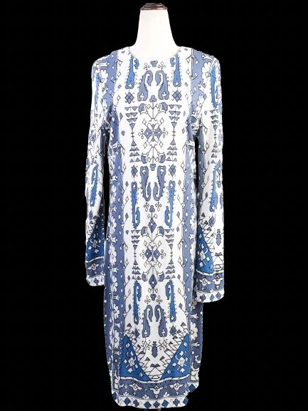 Excellent Tory Burch Blue & White Geometric Dress Size L