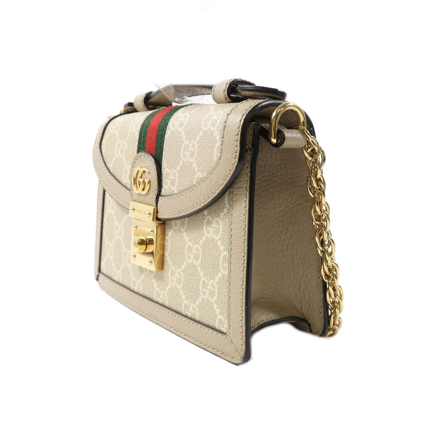Gucci GG Supreme Monogram Textured Dollar Calfskin Web Mini Ophidia Padlock Top Handle Chain Shoulder Bag