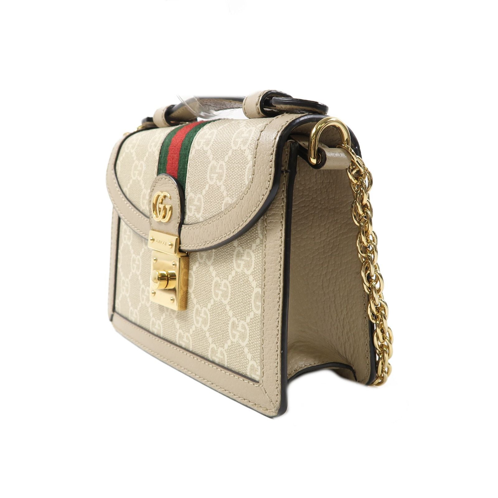 Gucci GG Supreme Monogram Textured Dollar Calfskin Web Mini Ophidia Padlock Top Handle Chain Shoulder Bag